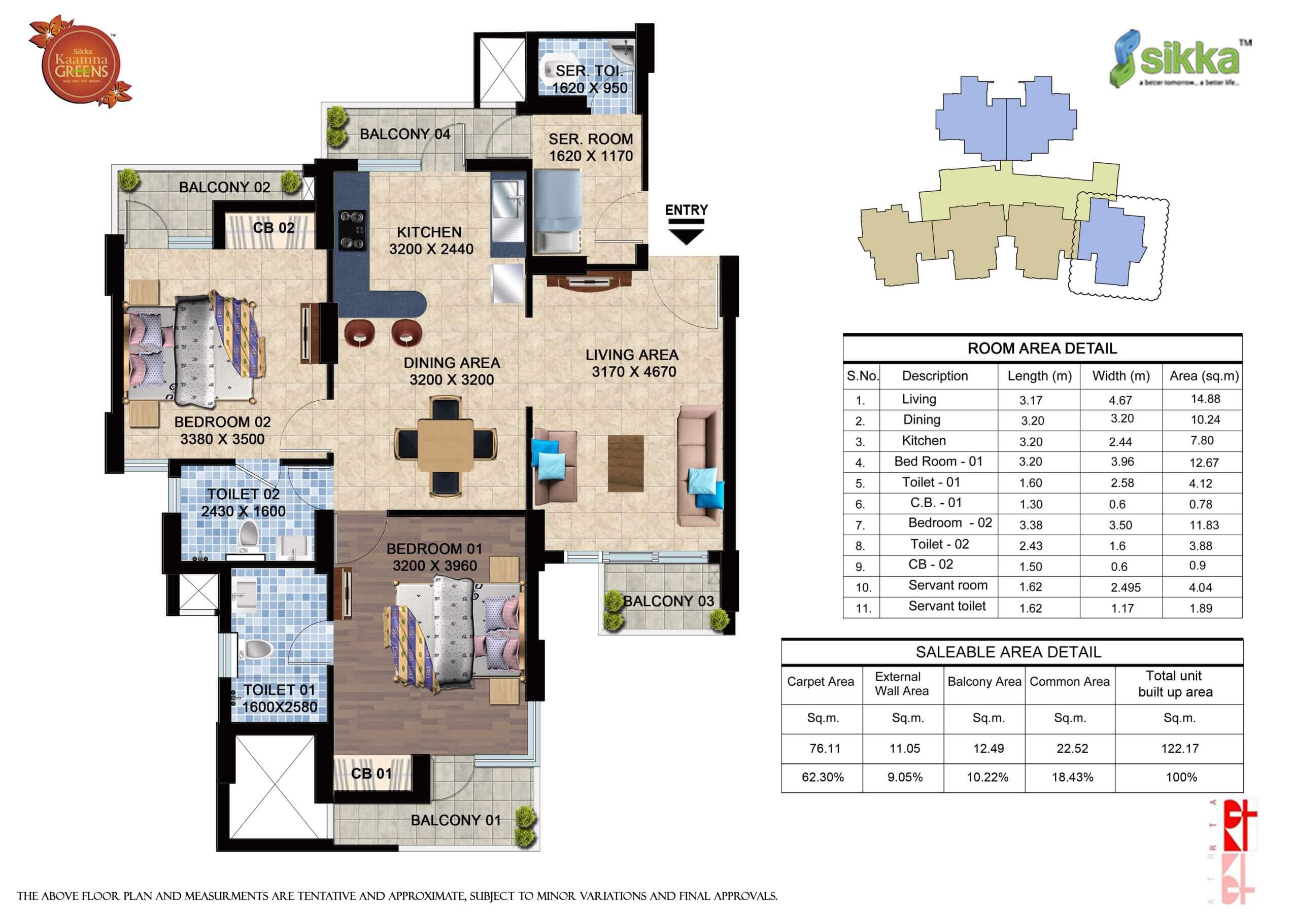 Kaamna Greens 2BHK Floor Plan - Area : 122.21 Sq.m