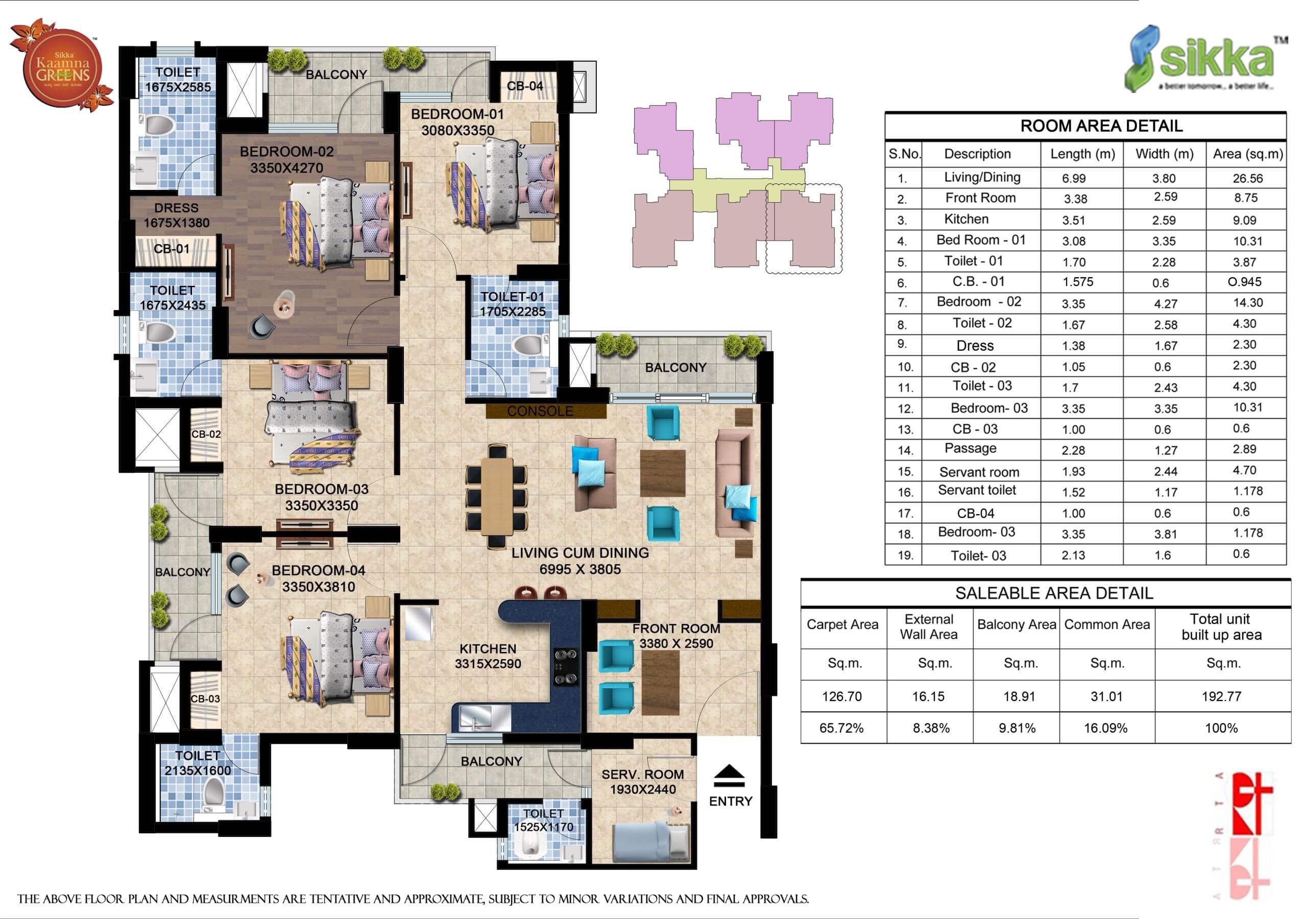 Kaamna Greens 3BHK Floor Plan - Area : 136.15 Sq.m