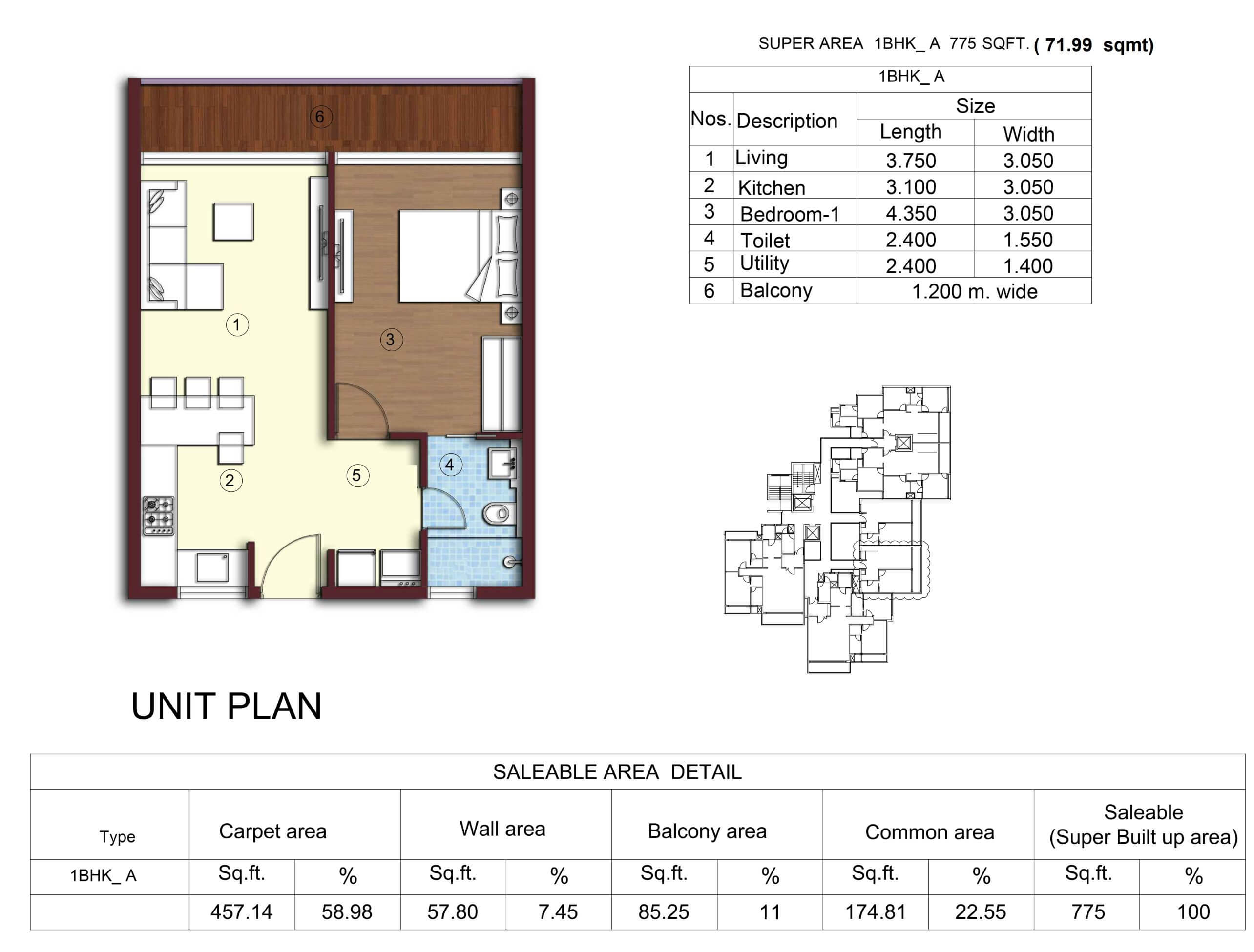 Kimaya Greens 1BHK Floor Plan - Area : 71.99 Sq.m