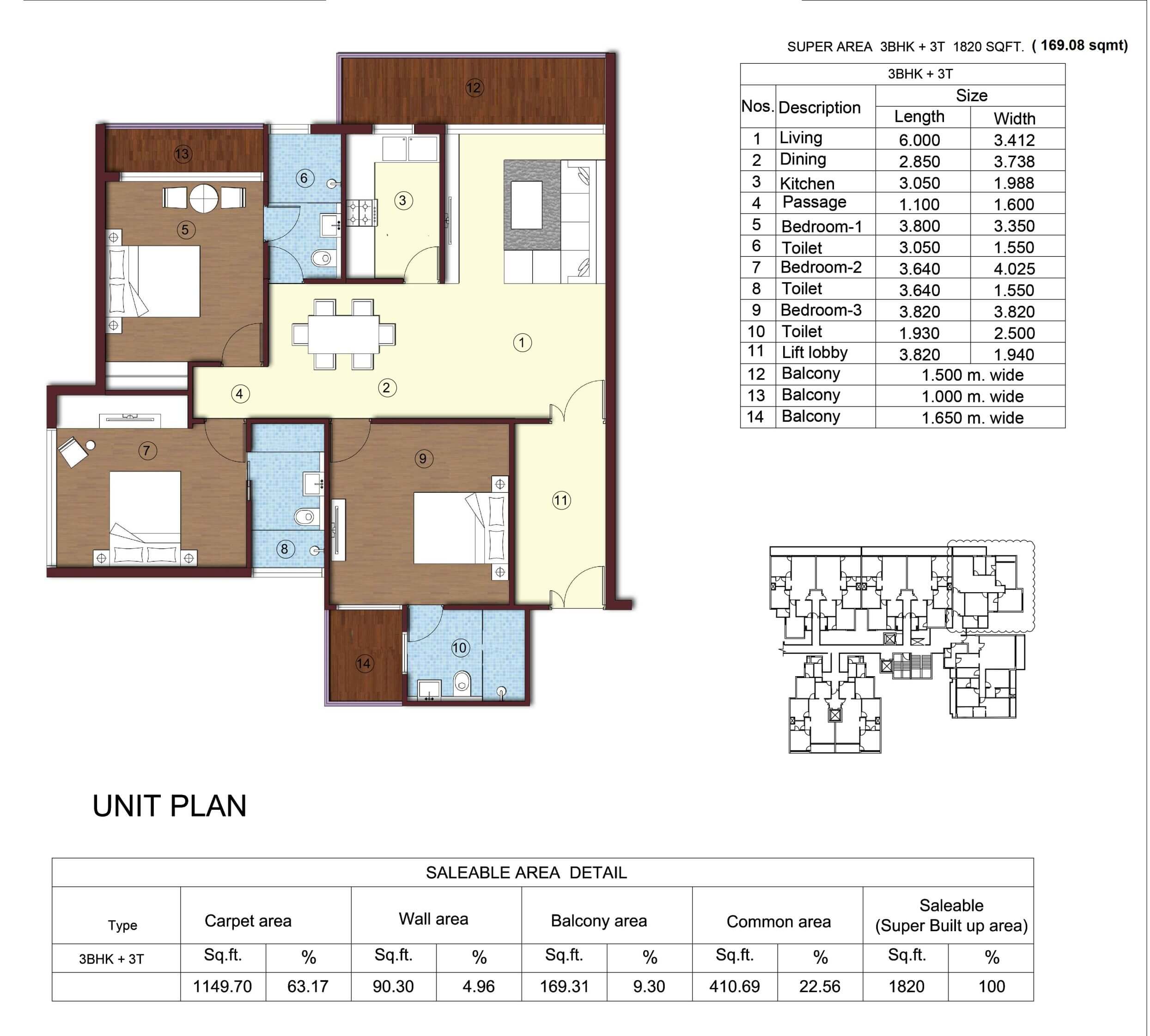 Kimaya Greens 3BHK Floor Plan - Area : 169.08 Sq.m