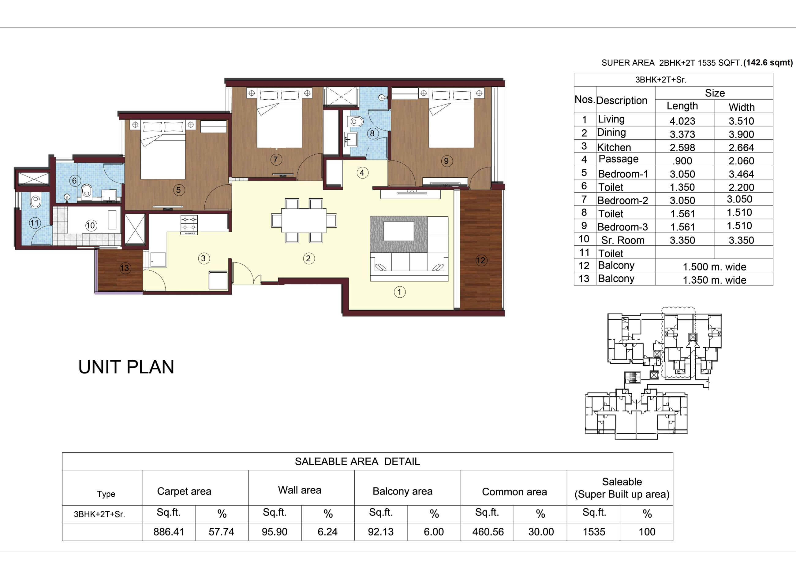 Kimaya Greens 3BHK Floor Plan - Area : 142.6 Sq.m