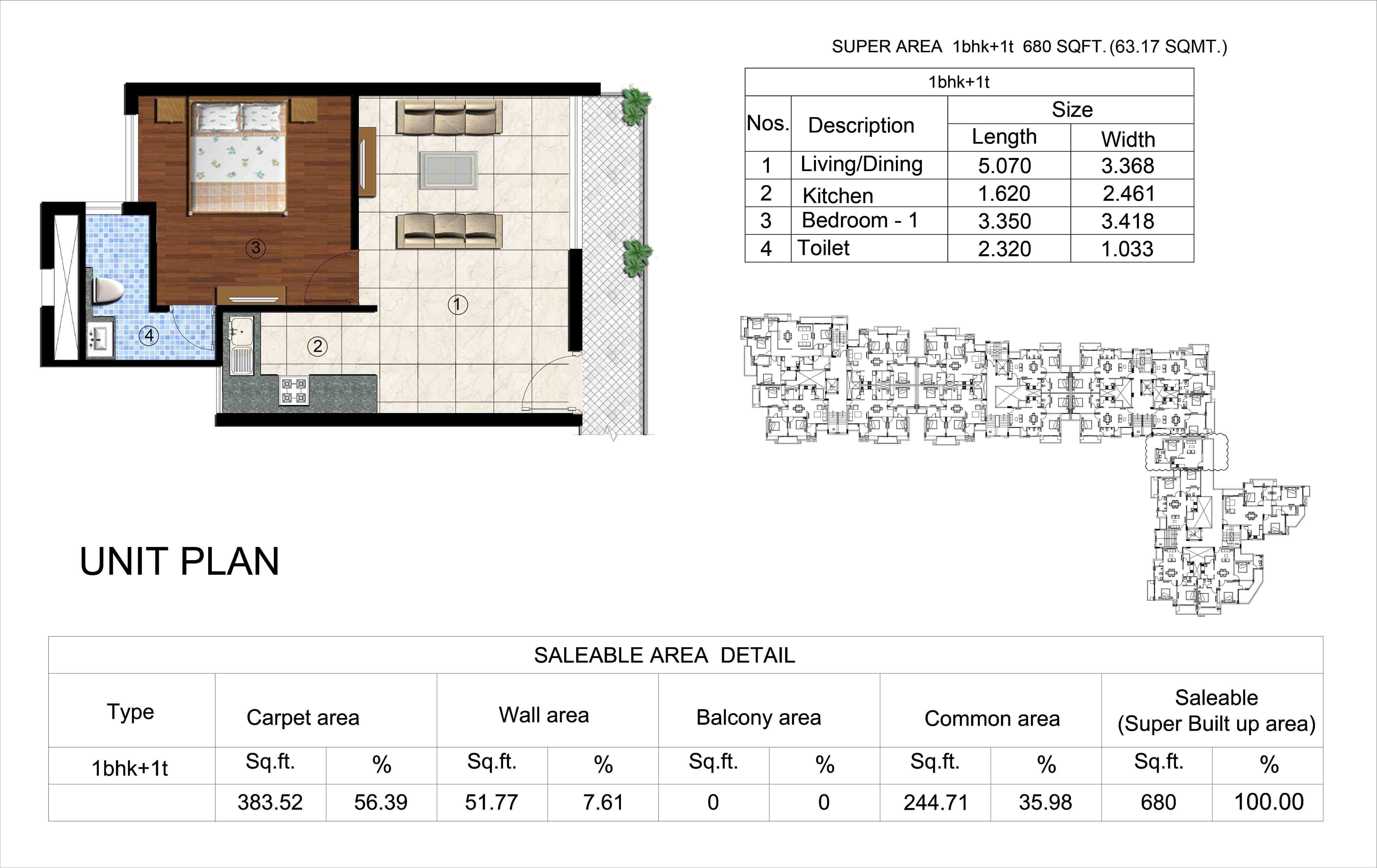 Kingston Greens 1BHK Floor Plan - Area : 63.17 Sq.m