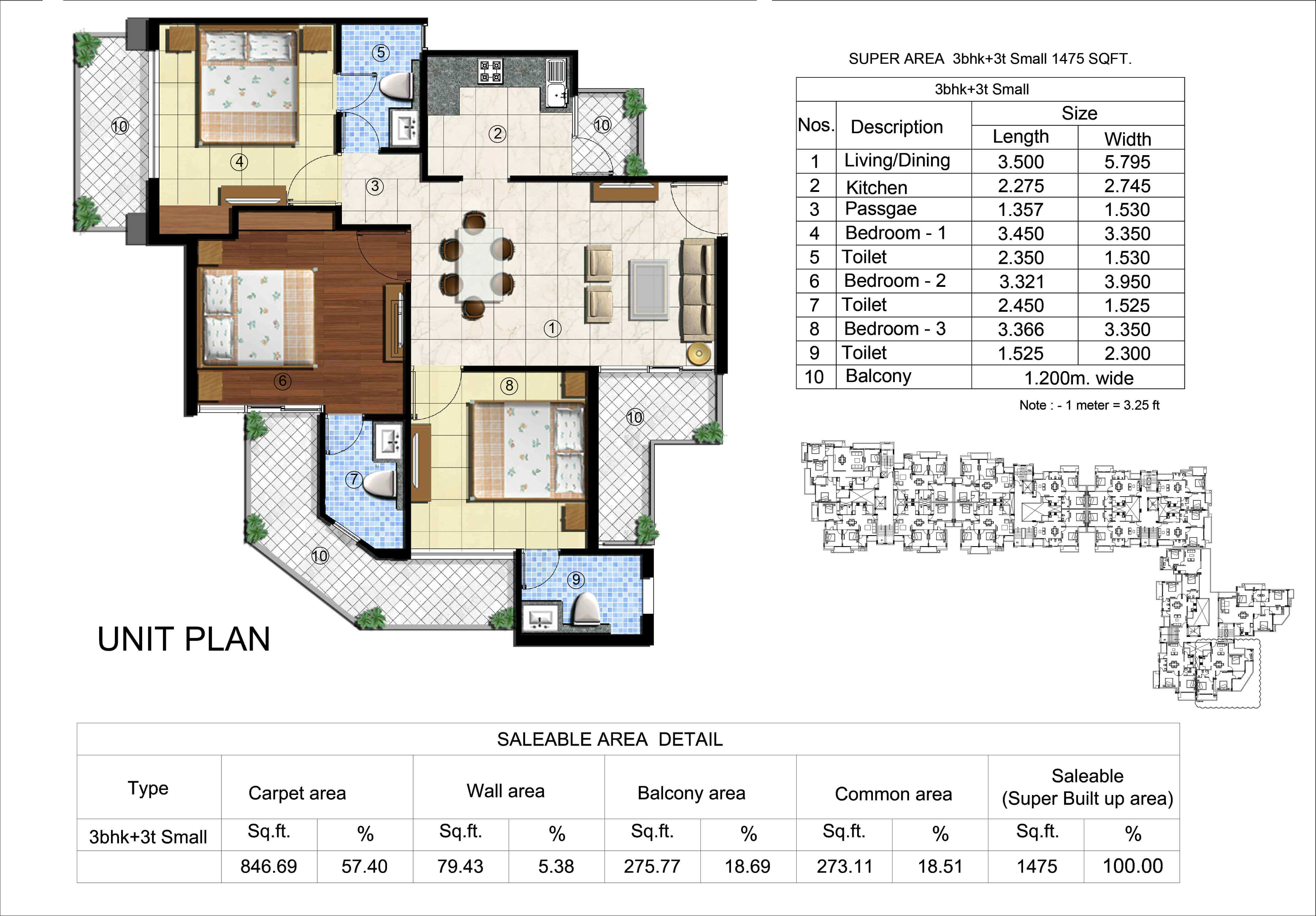 Kingston Greens 3BHK Floor Plan - Area : 137.02 Sq.m