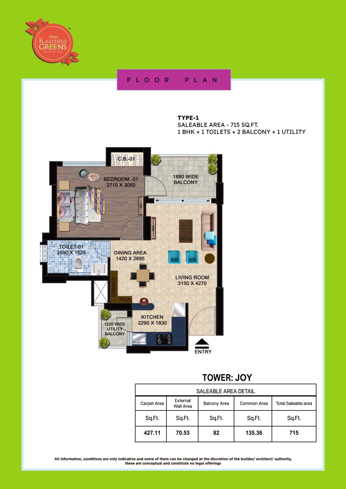 Kaamna Greens 1BHK Floor Plan - Area : 715 Sq.ft