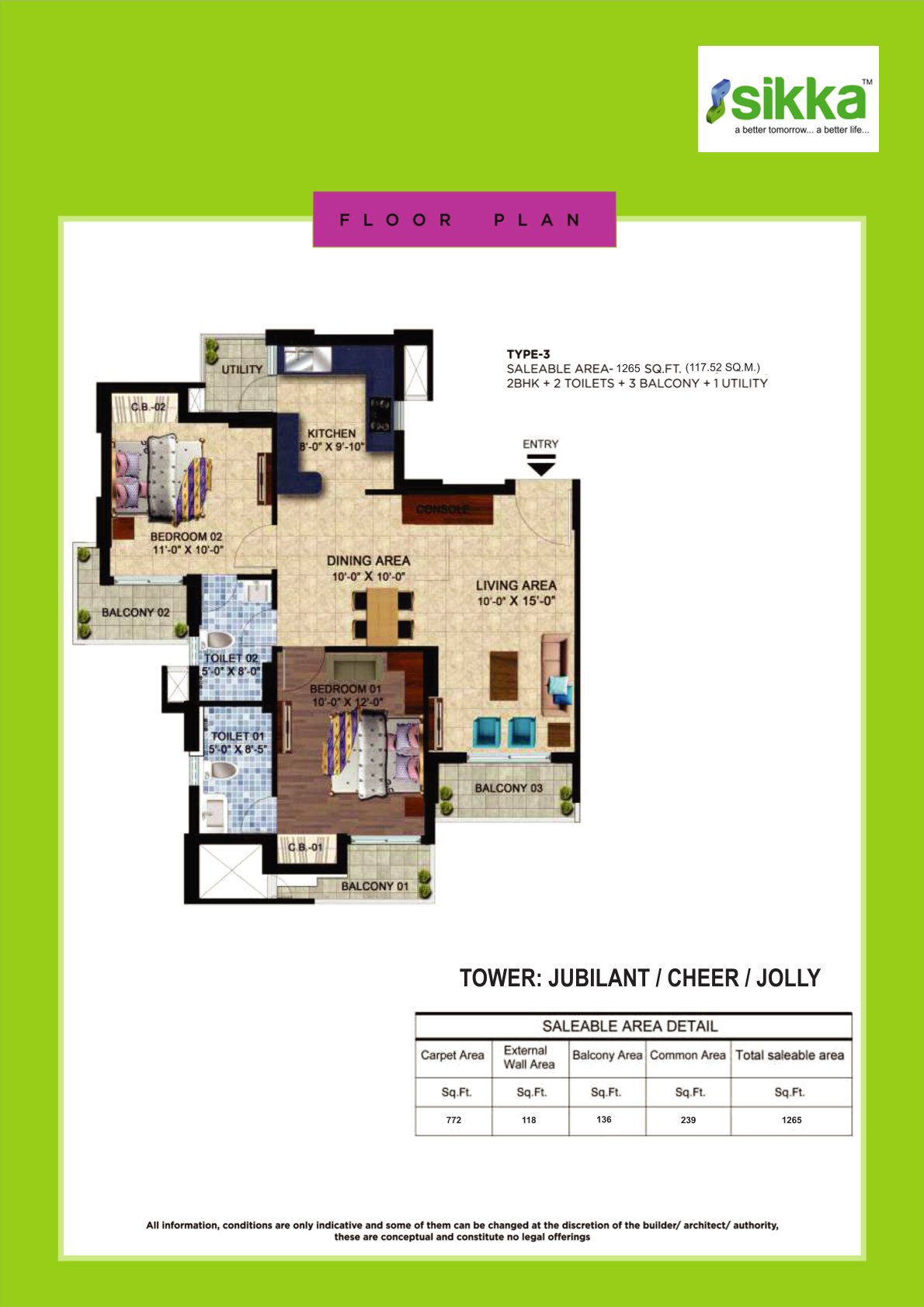 Kaamna Greens 2BHK Floor Plan - Area : 1265 Sq.ft