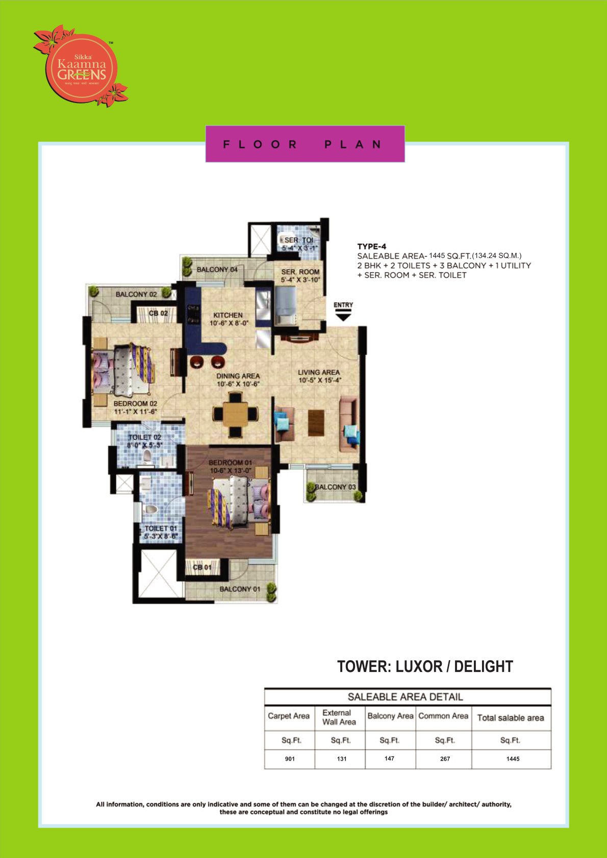 Kaamna Greens 2BHK Floor Plan - Area : 1445 Sq.ft