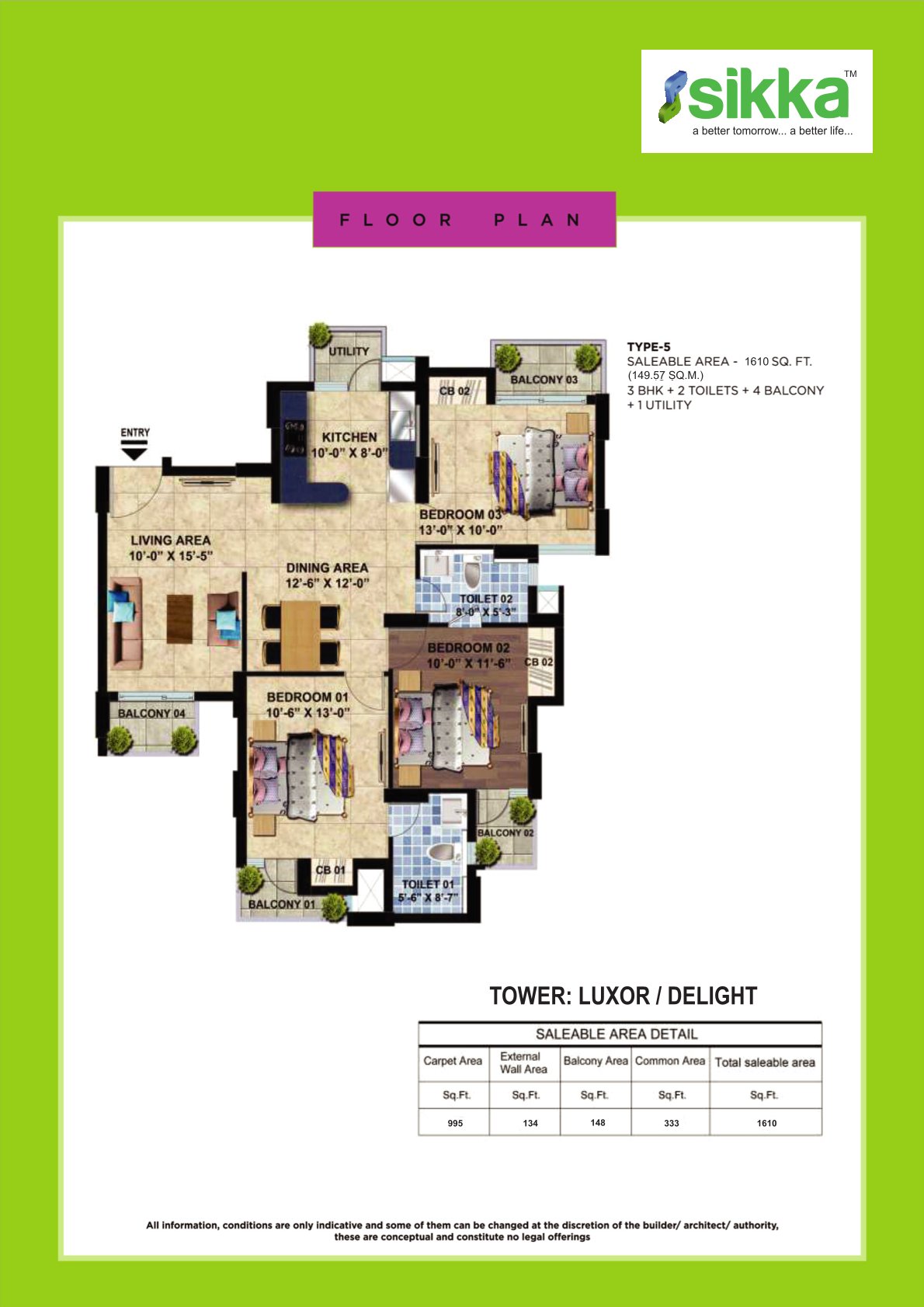 Kaamna Greens 3BHK Floor Plan - Area : 1610 Sq.ft