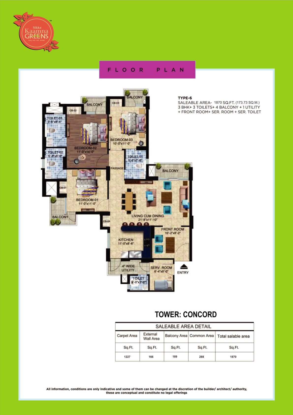 Kaamna Greens 3BHK Floor Plan - Area : 1870 Sq.ft