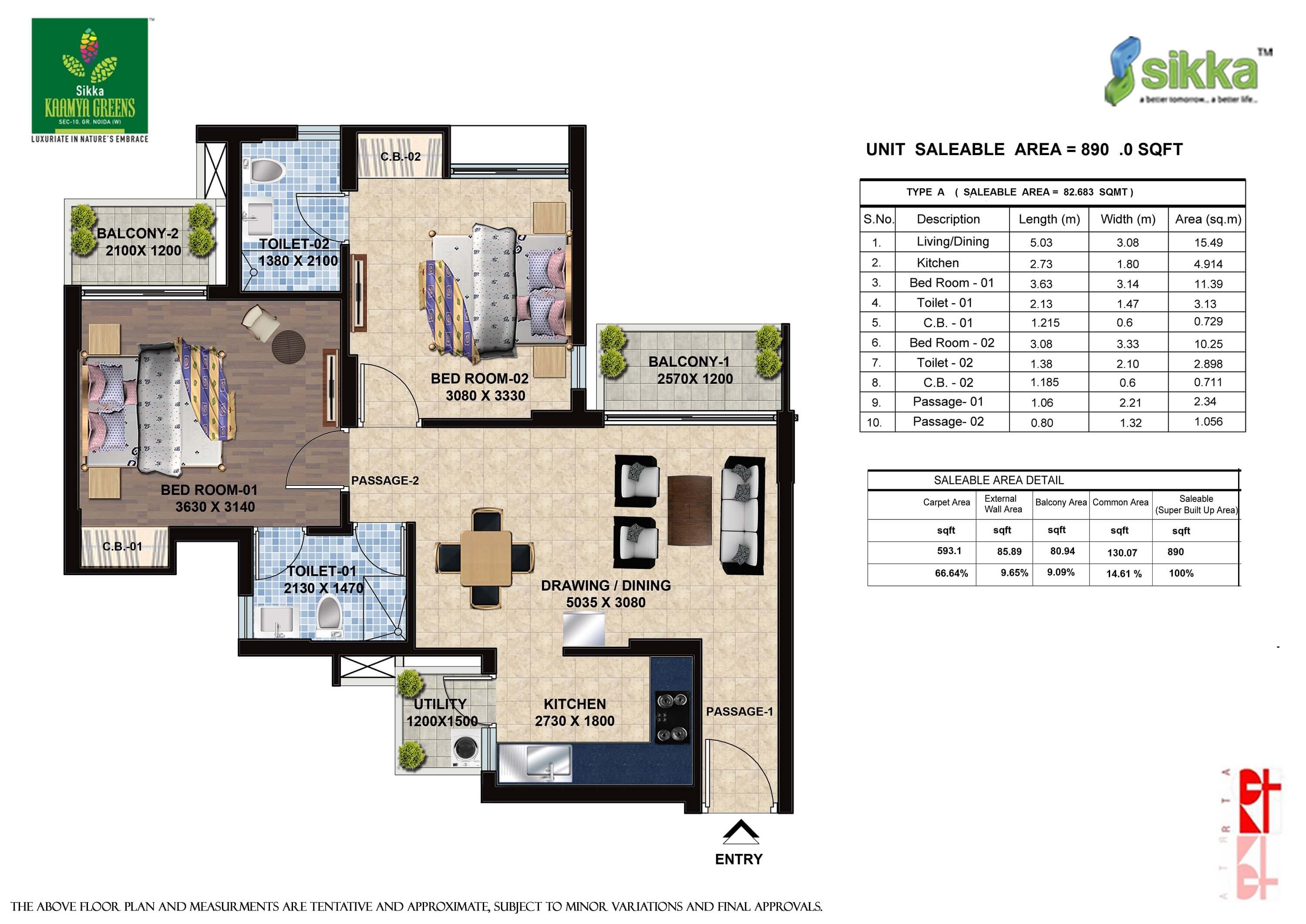 Kaamya Greens 2BHK Floor Plan - Area : 890 SQFT