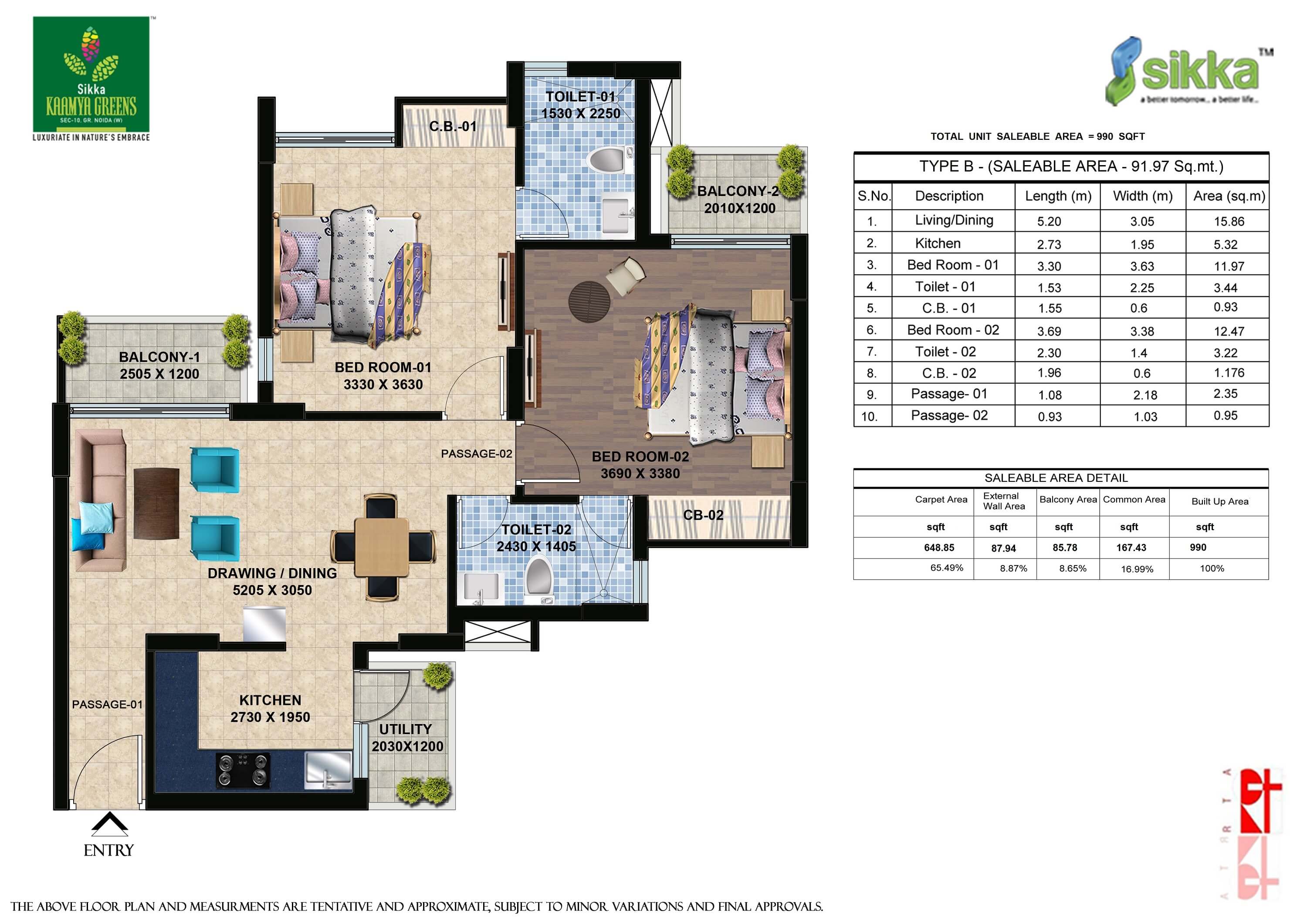 Kaamya Greens 2BHK Floor Plan - Area : 990 SQFT