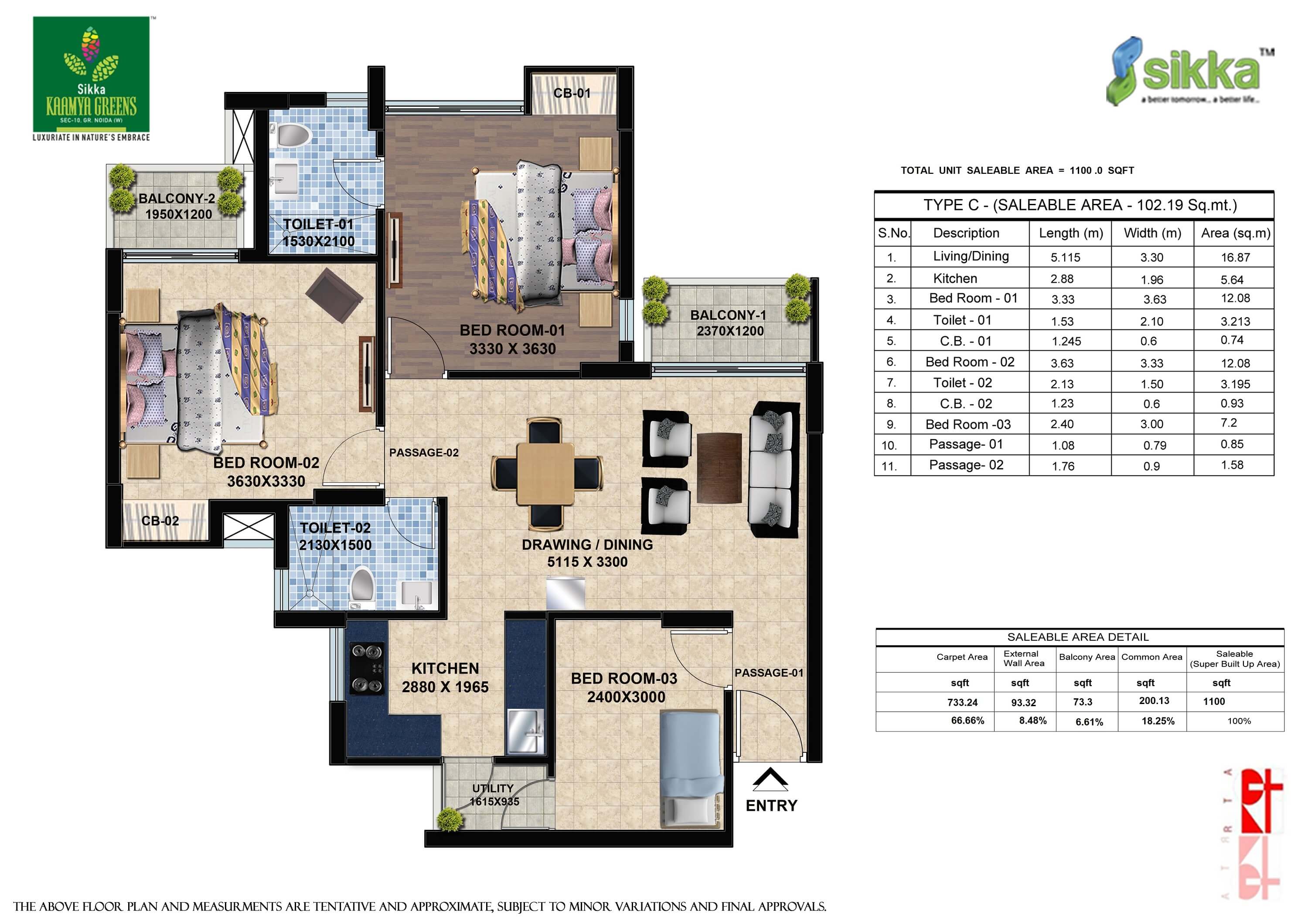 Kaamya Greens 3BHK Floor Plan - Area : 1100 SQFT
