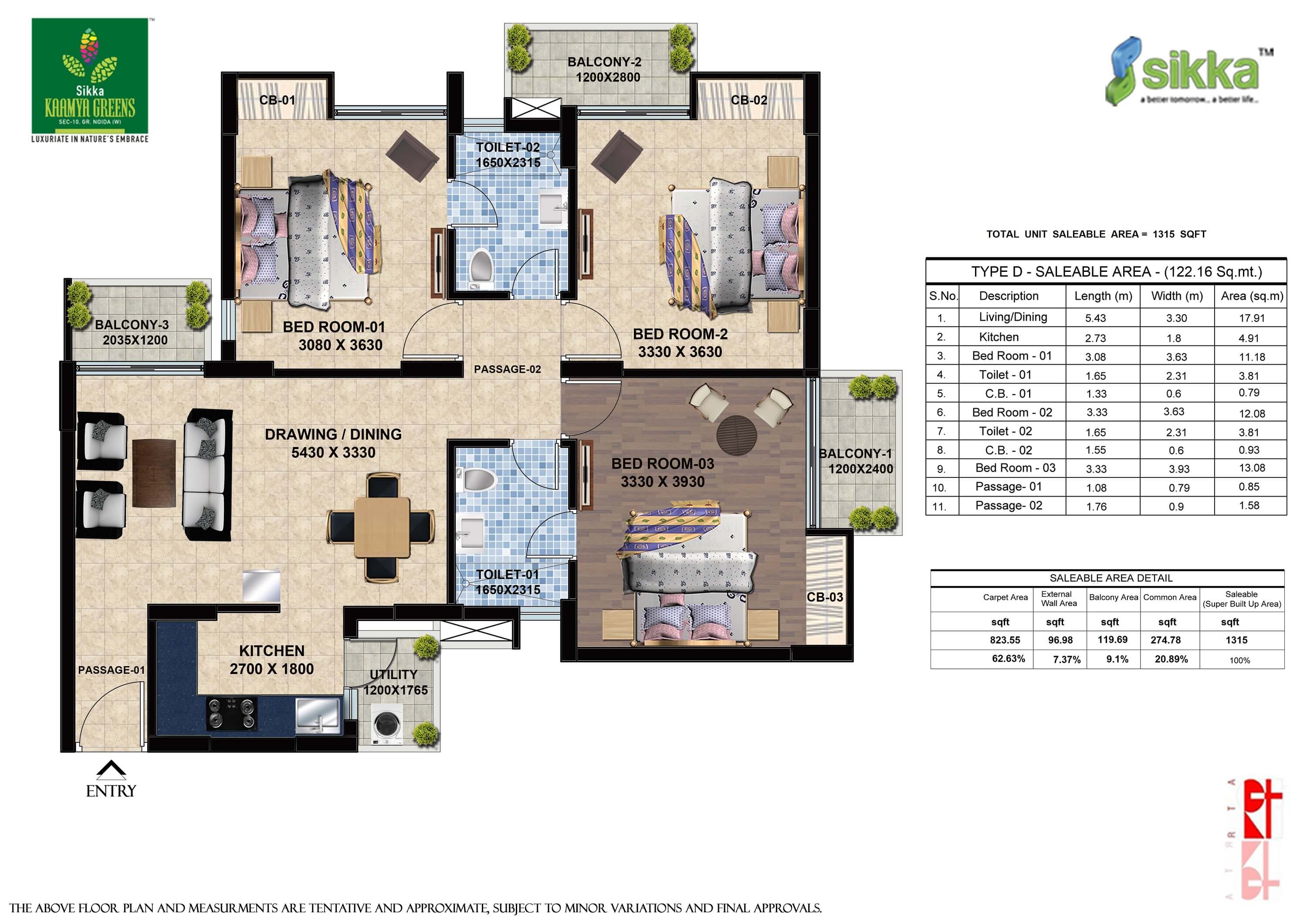 Kaamya Greens 3BHK Floor Plan - Area : 1315 SQFT