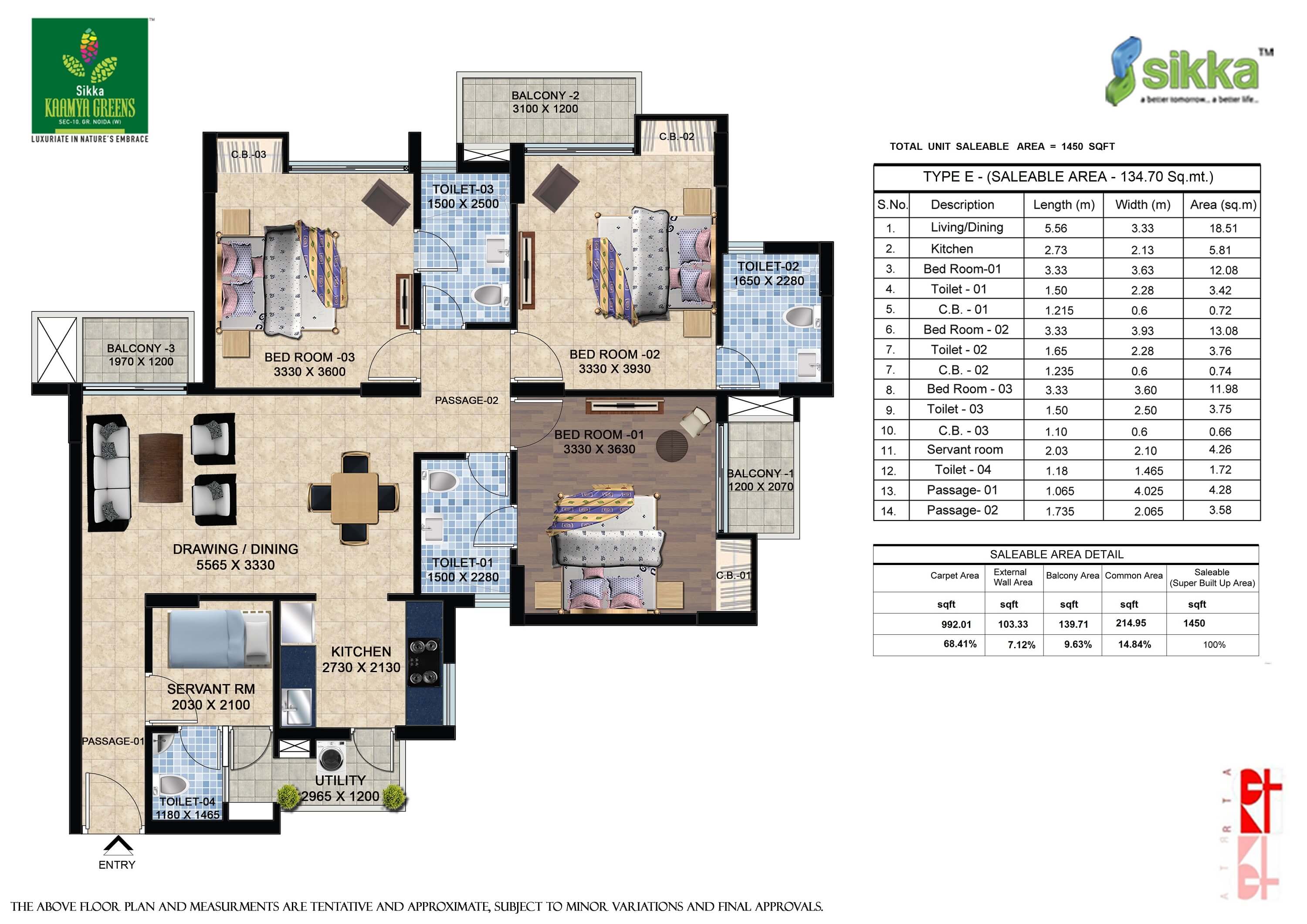 Kaamya Greens 3BHK Floor Plan - Area : 1450 SQFT
