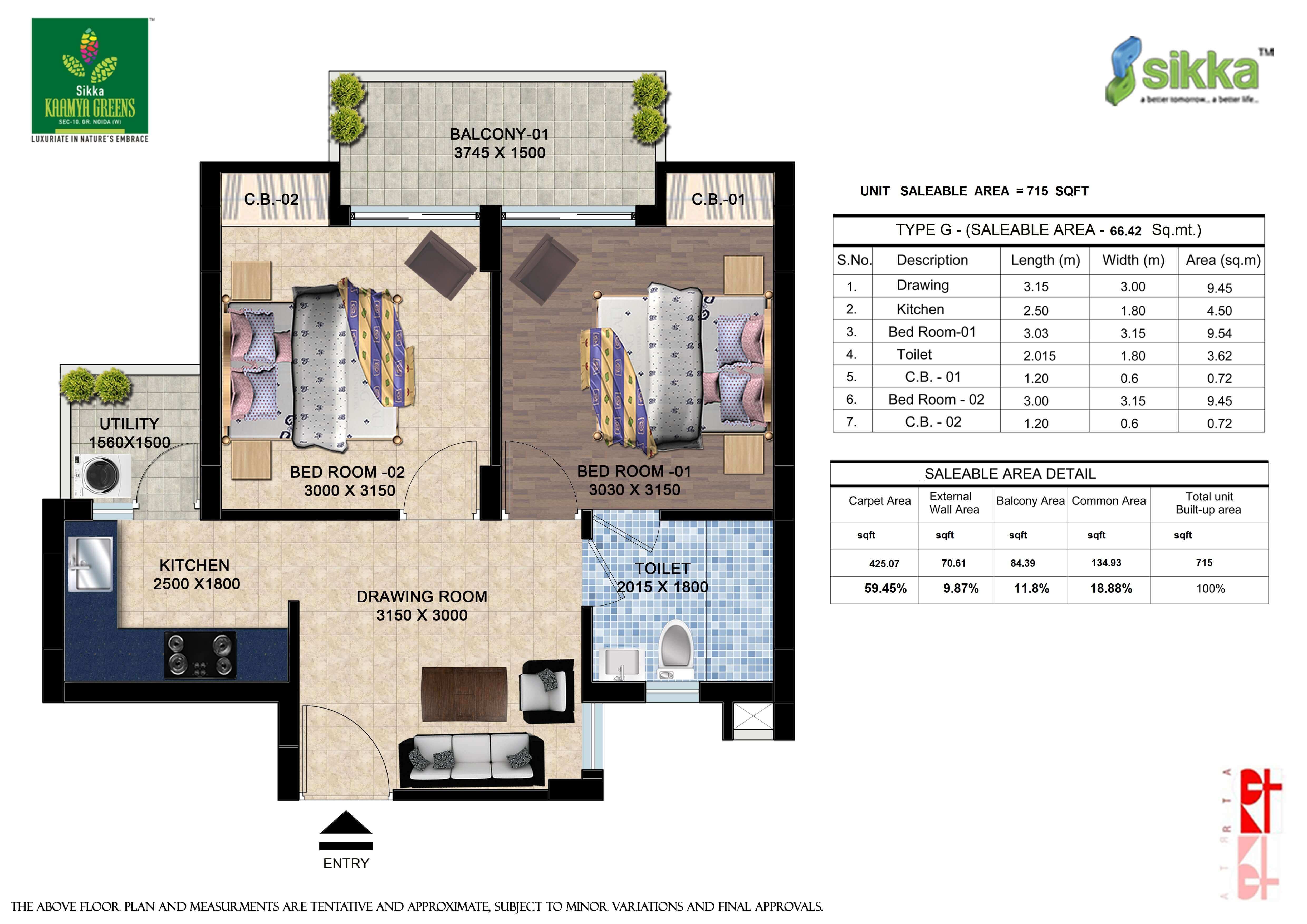 Kaamya Greens 2BHK Floor Plan - Area : 715 SQFT