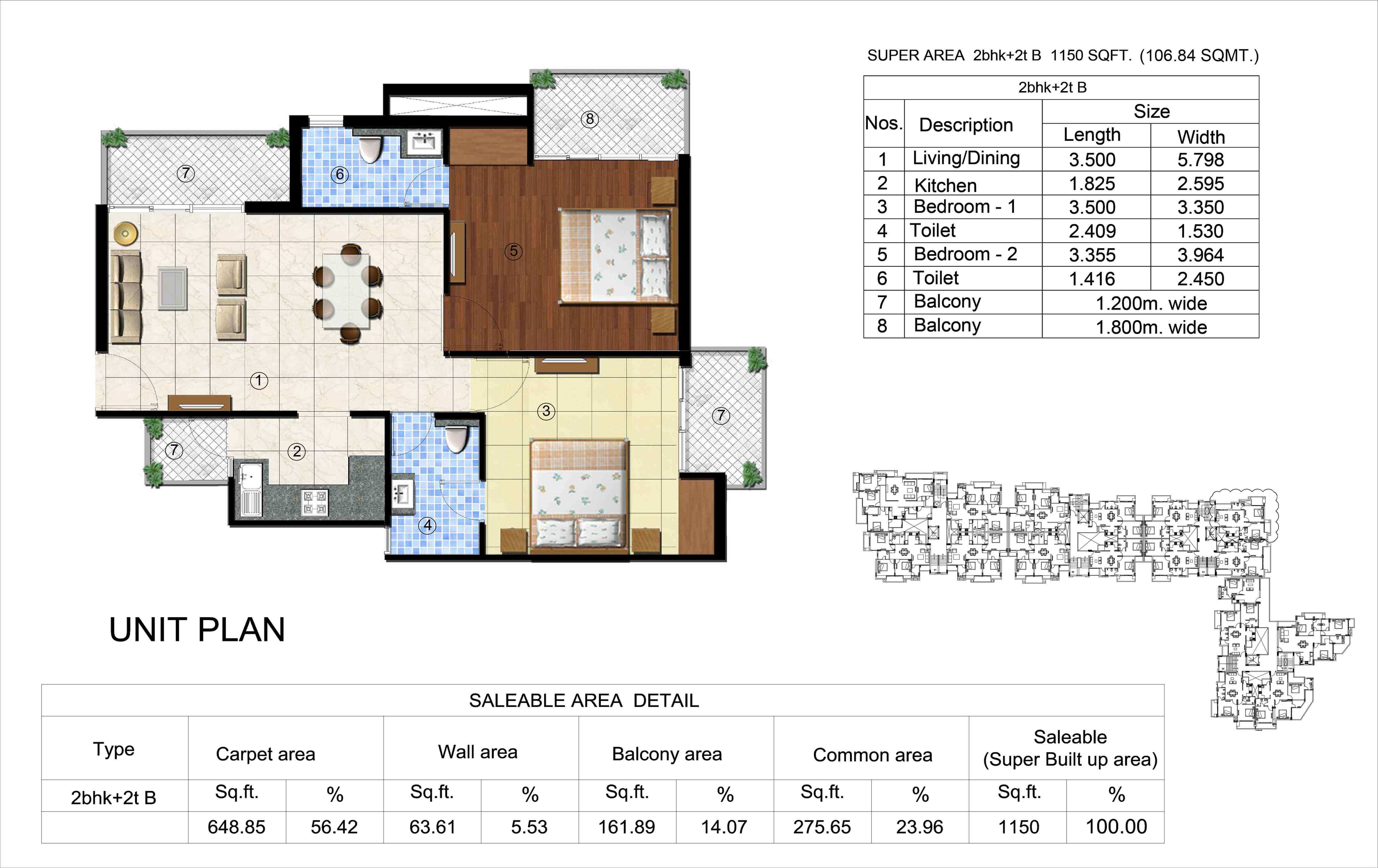 Kingston Greens 2BHK Unit Plan - Area : 106.84 Sq.m