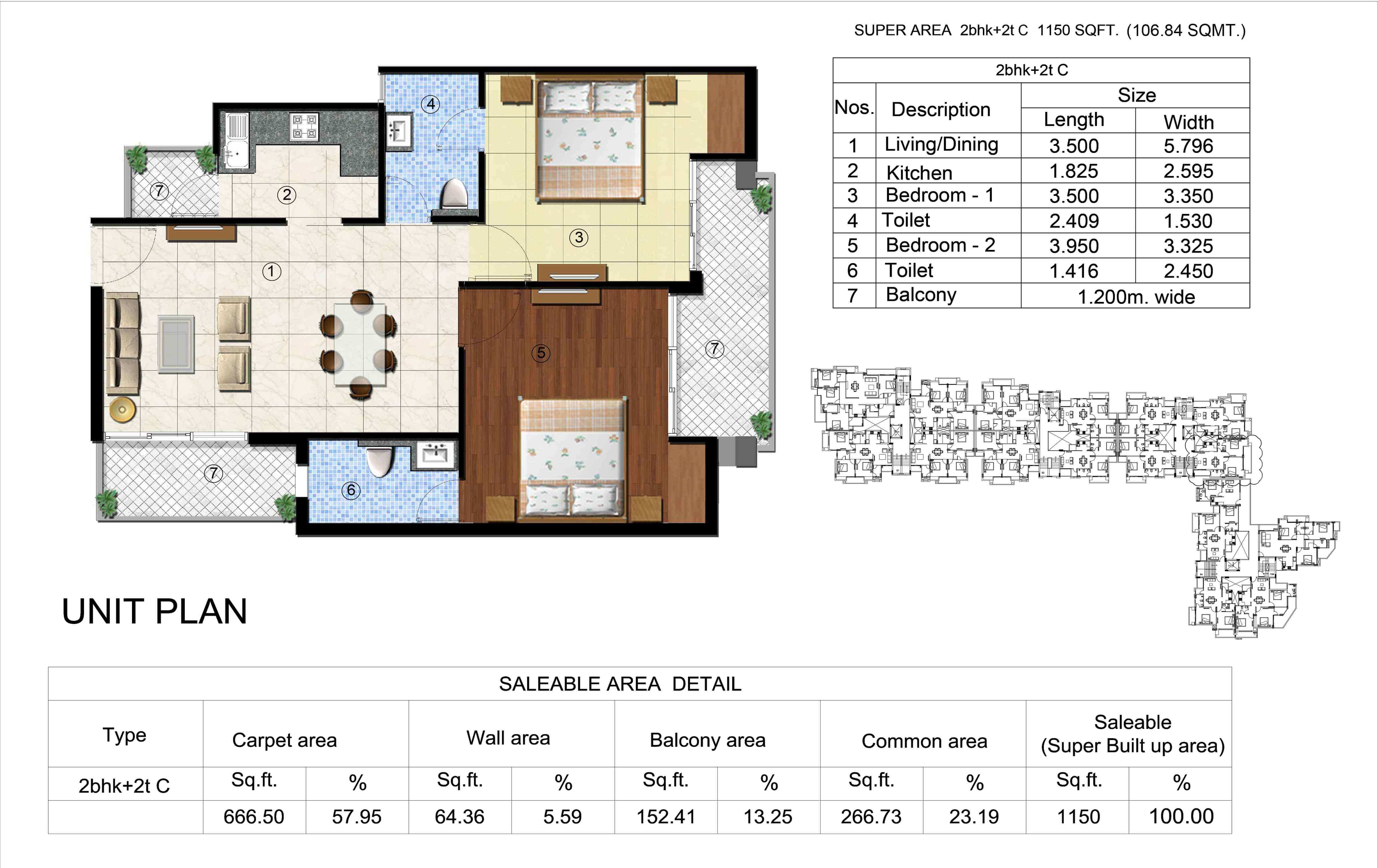 Sikka Kingston Greens 2BHK Unit Plan - Area : 106.84 Sq.m