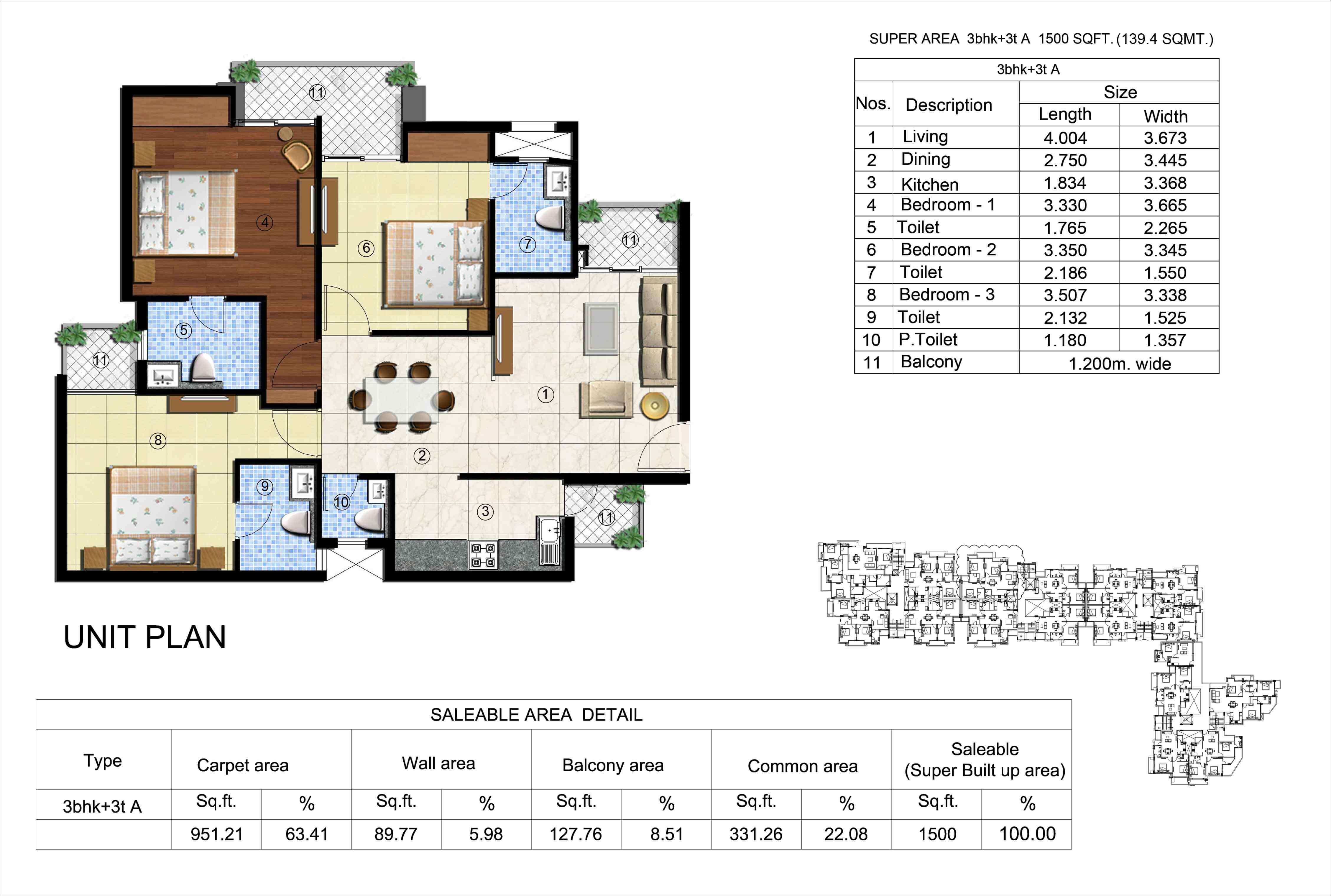 Kingston Greens 3BHK Floor Plan - Area : 139.4 Sq.m