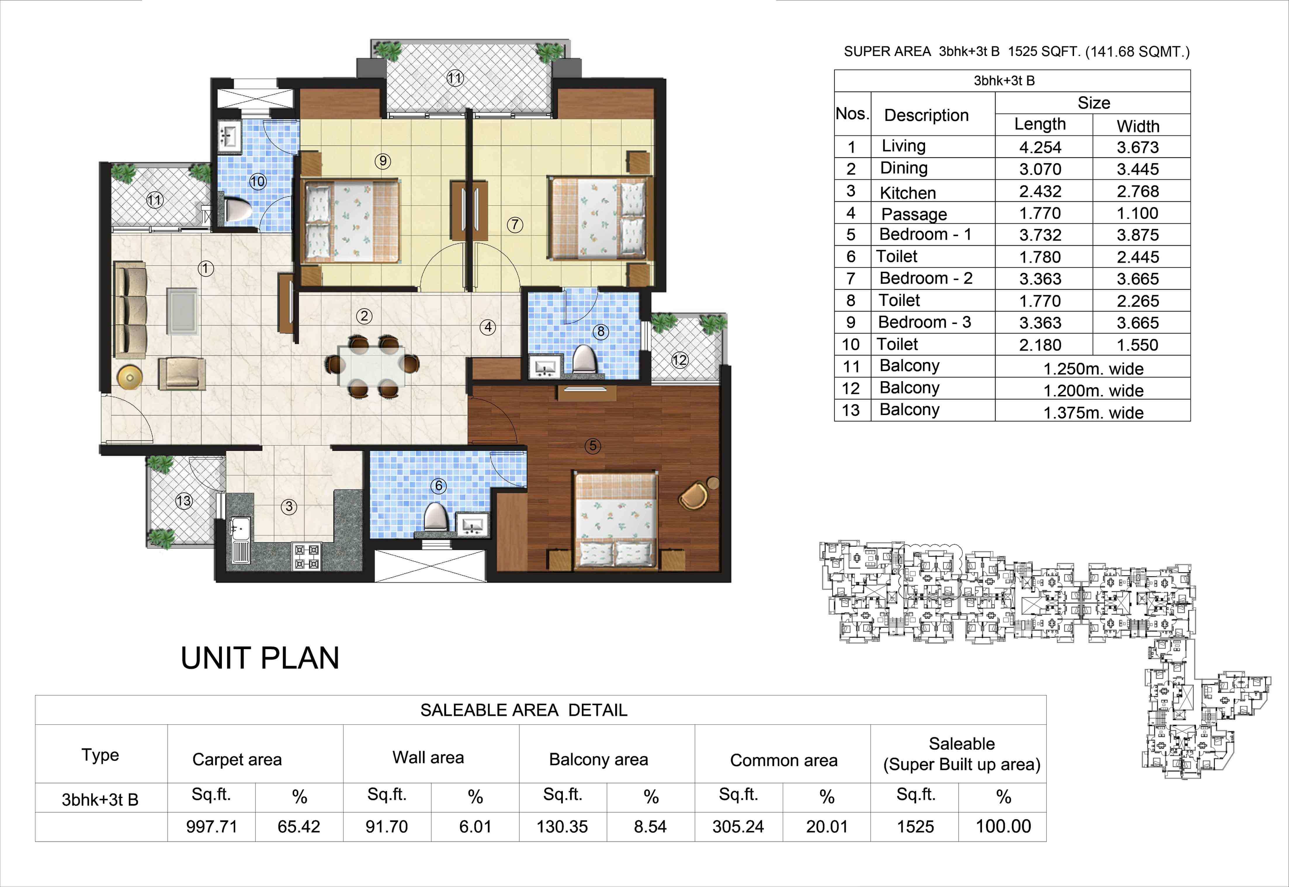 Kingston Greens 3BHK Floor Plan - Area : 141.68 Sq.m