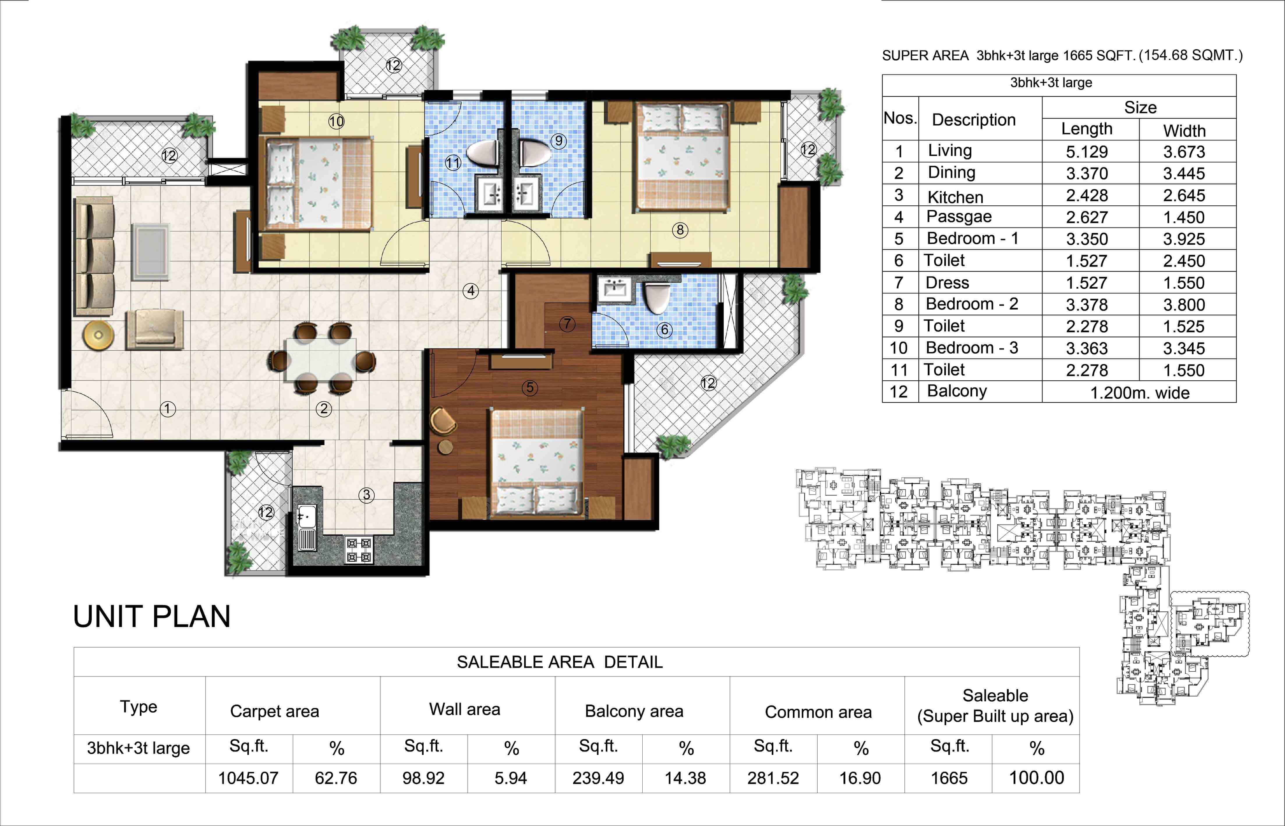 Kingston Greens 3BHK Floor Plan - Area : 154.68 Sq.m